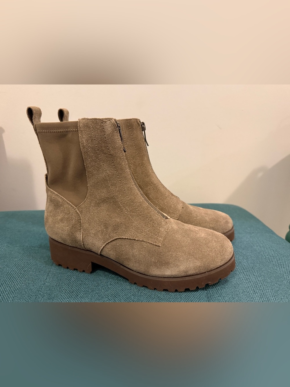 Easy Spirit Suede Front-Zip Chelsea Boots in Taupe